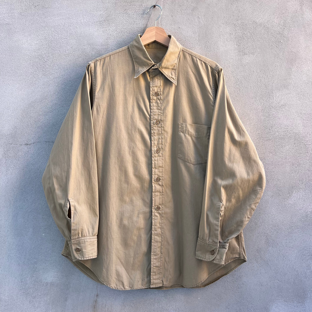 50’s Military Khaki Poplin Button Down Long Sleeve Shirt