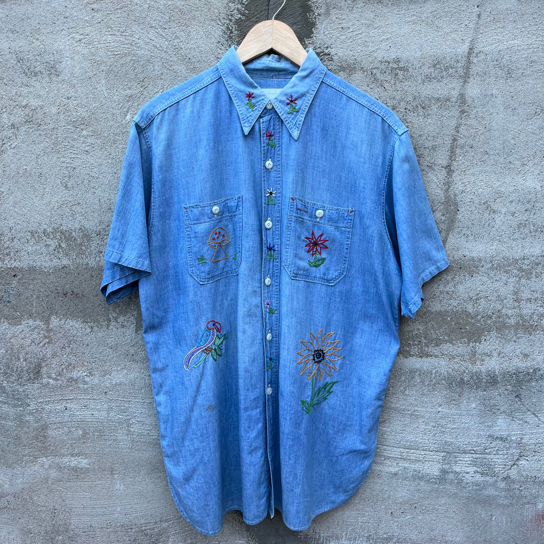 60's Vintage Chambray Chainstitch Beach Button Down Short Sleeve Shirt